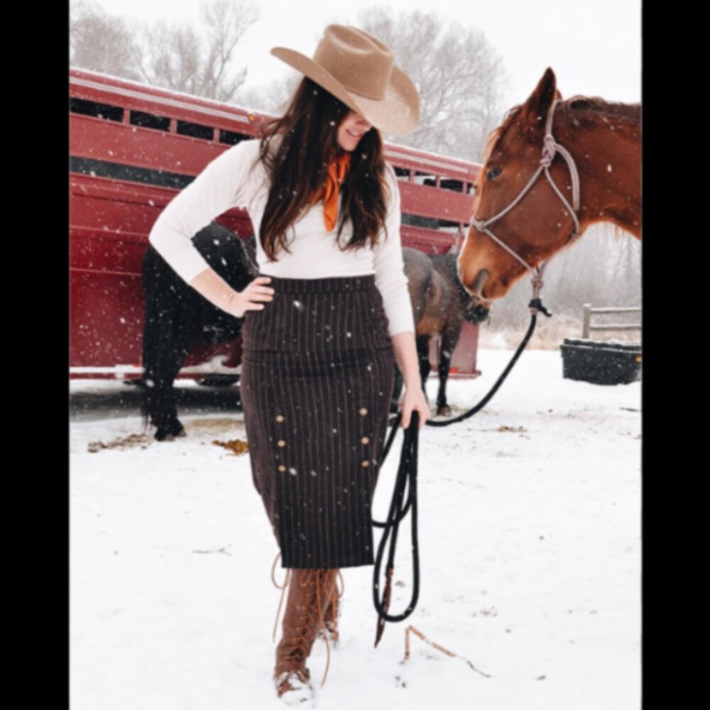 Women's Brown Pinstriped Knee-Length Pencil Skirt